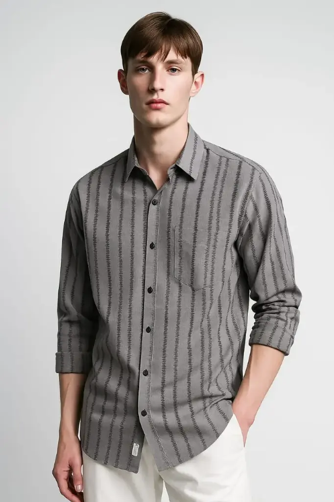 Men's Slim Fit Grey Striped Casual Shirt – Full Sleeve Cotton Blend