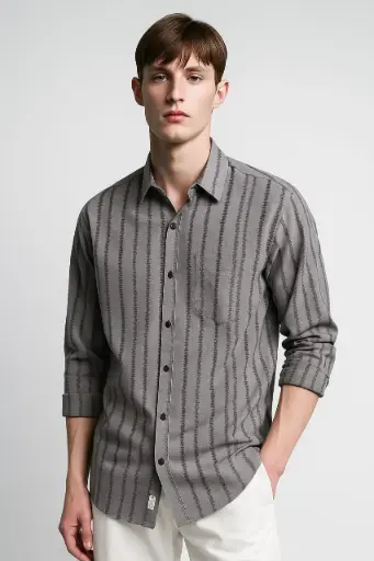 Men's Slim Fit Grey Striped Casual Shirt – Full Sleeve Cotton Blend