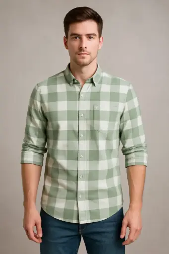 Men's Green Checkered Casual Shirt – Soft Cotton, Full Sleeve